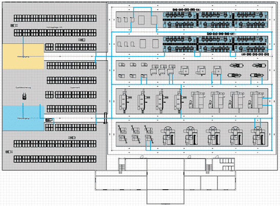 Detailed layout with transport routes before layout optimization