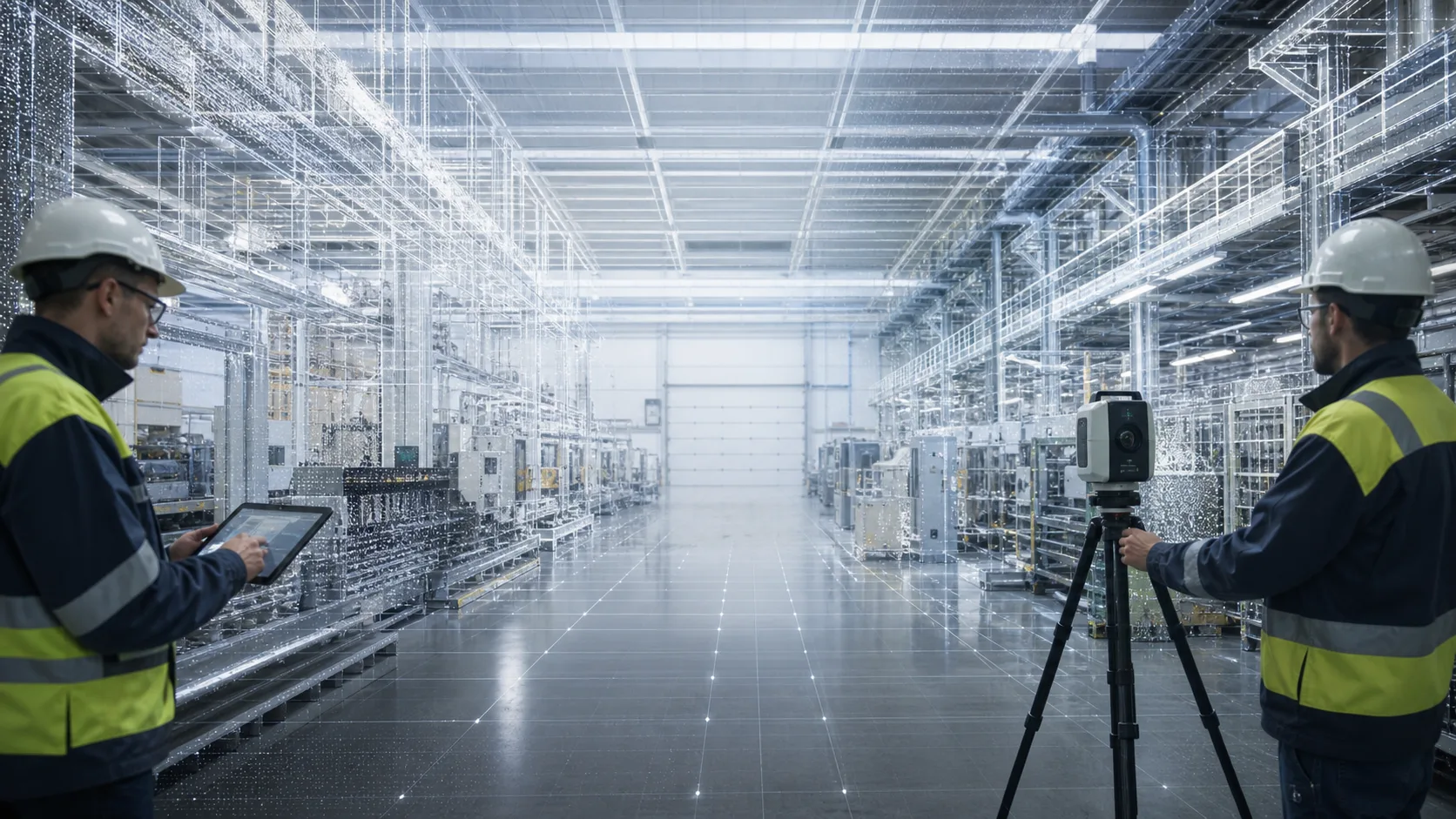 Two people in helmets and hi-vis vests surveying a hall: one at a laser scanner, one with a tablet, a wireframe model overlaying the equipment