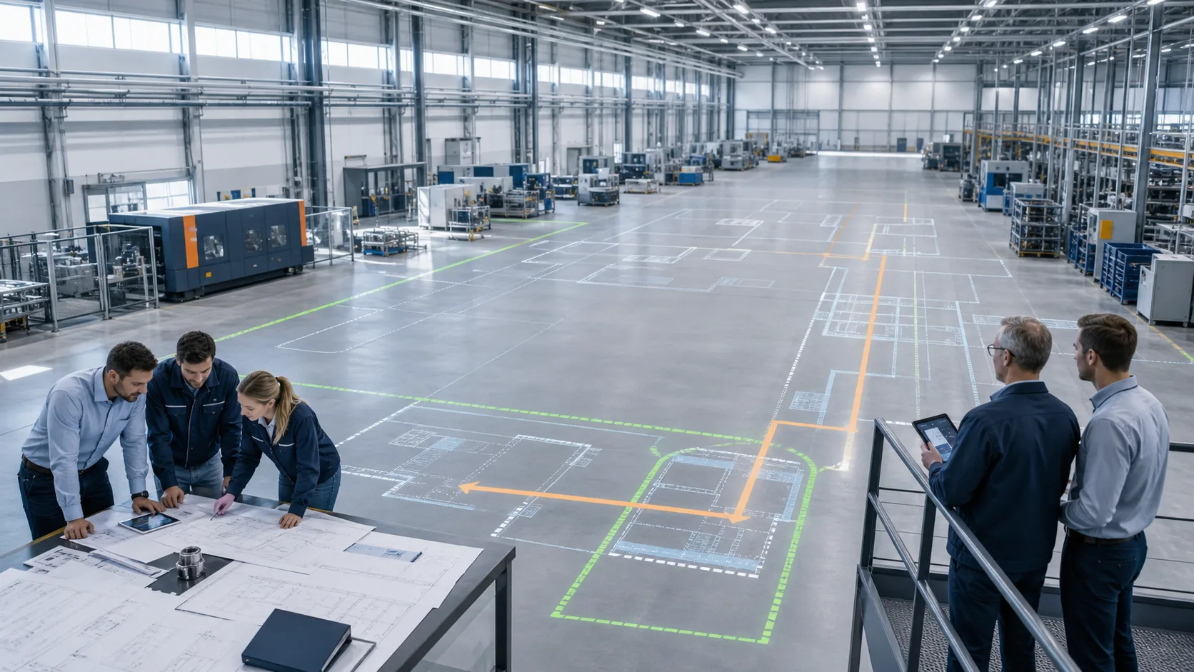 Production hall with a layout plan projected onto the floor; a planning team stands at a table with drawings and a tablet