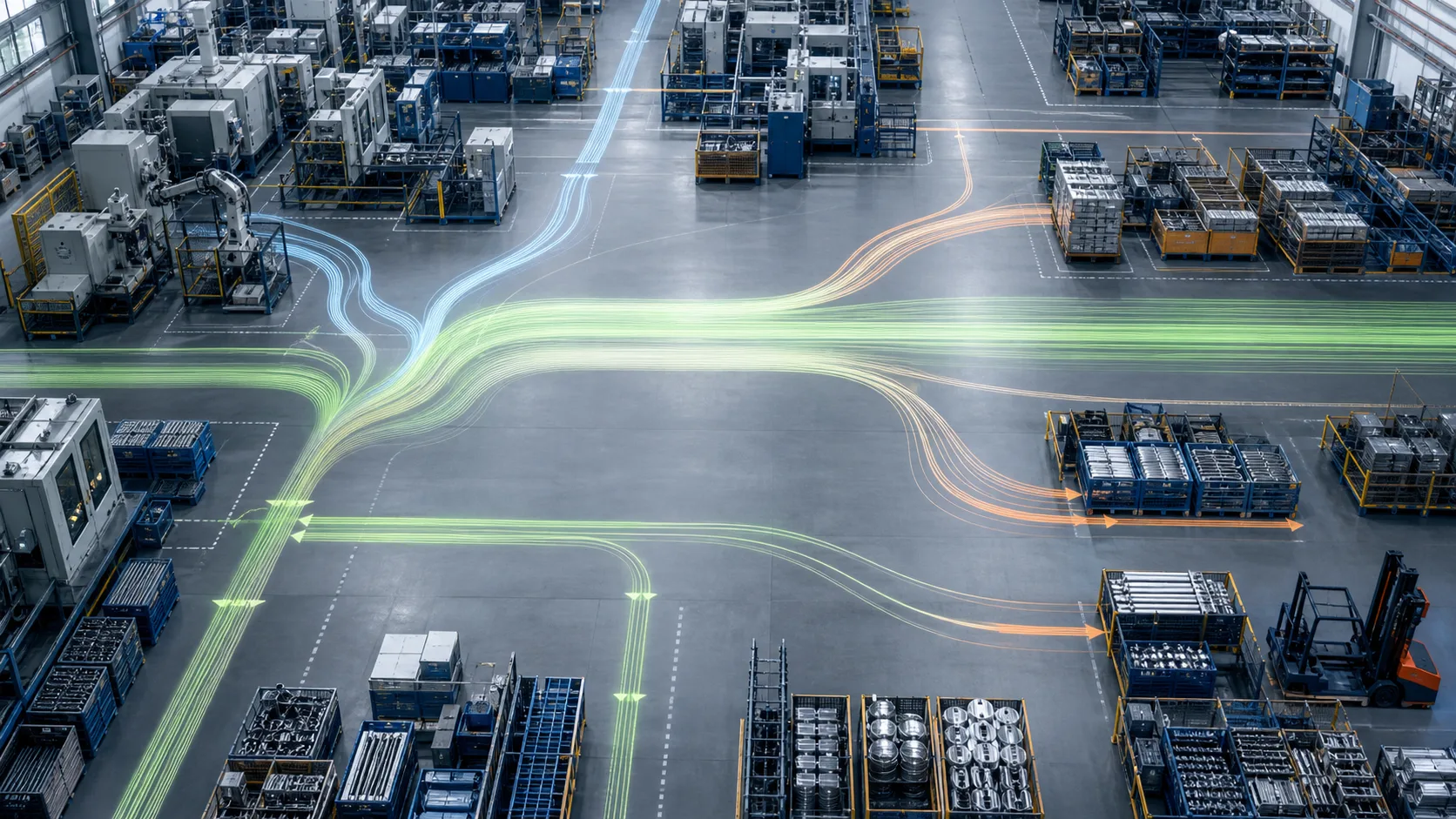 Production hall seen from above with coloured flow lines showing material movements between areas