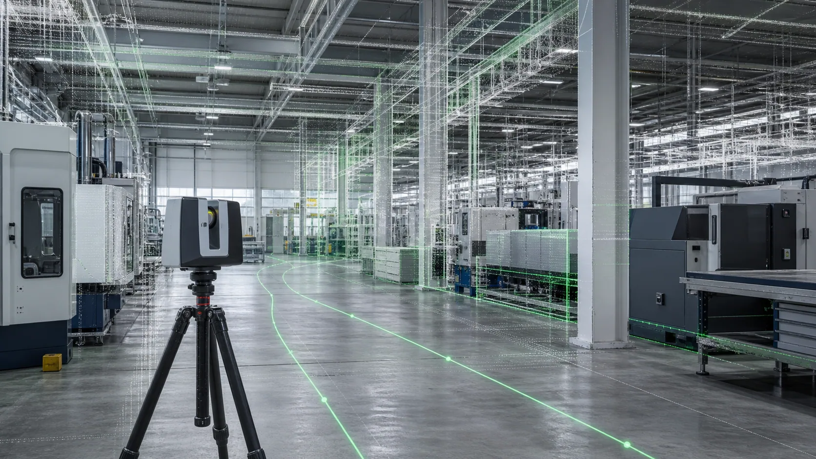 Laserscanner auf einem Stativ in einer Produktionshalle; grüne Scanlinien und eine Punktwolke legen sich über Maschinen und Hallendach