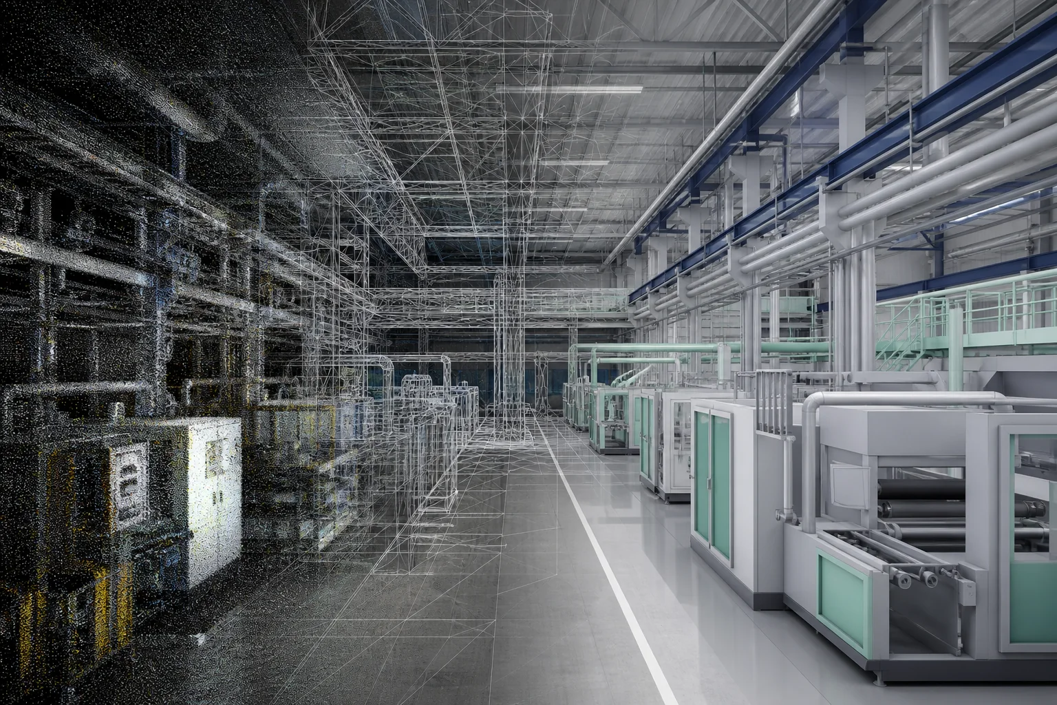 Produktionshalle im Übergang von Punktwolke über Drahtmodell zum detaillierten 3D-Fabrikmodell