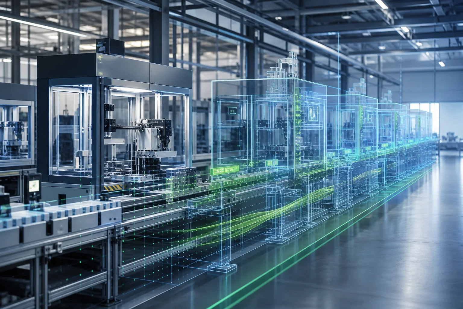 Reale Produktionslinie mit deckungsgleichem transparentem digitalen Anlagenmodell