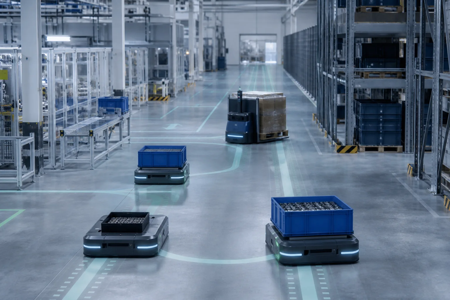 Mehrere autonome mobile Roboter und ein fahrerloses Palettenfahrzeug in einer Produktionslogistik