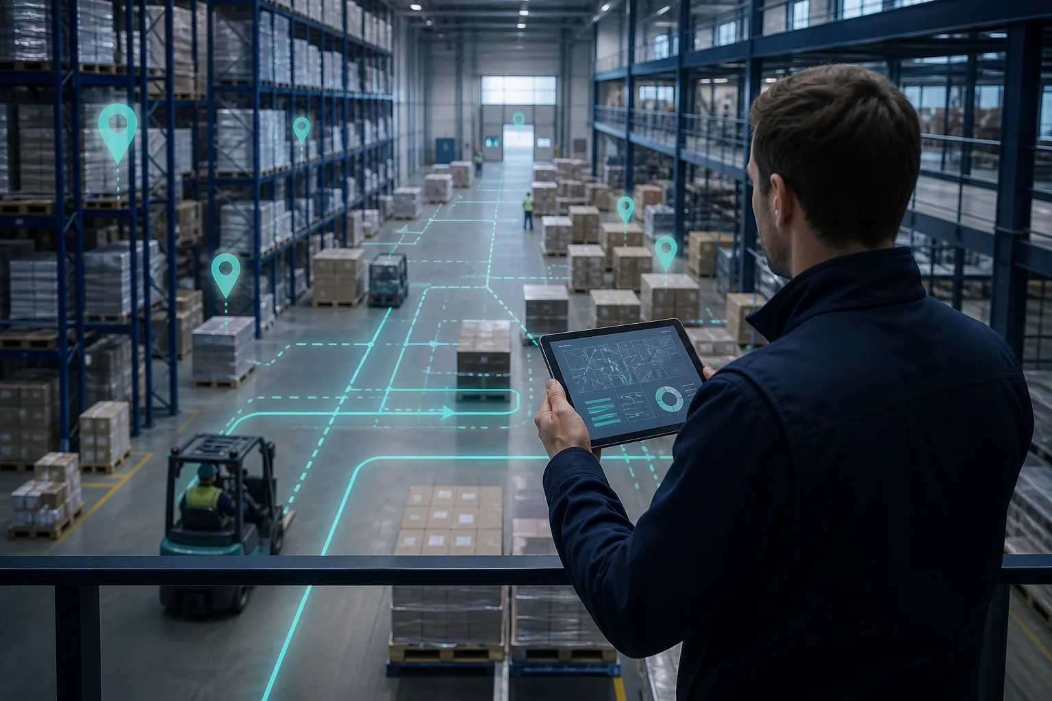 Lagerhalle mit digital markierten Lagerorten und Transportwegen; ein Mitarbeiter betrachtet die Abläufe auf einem Tablet