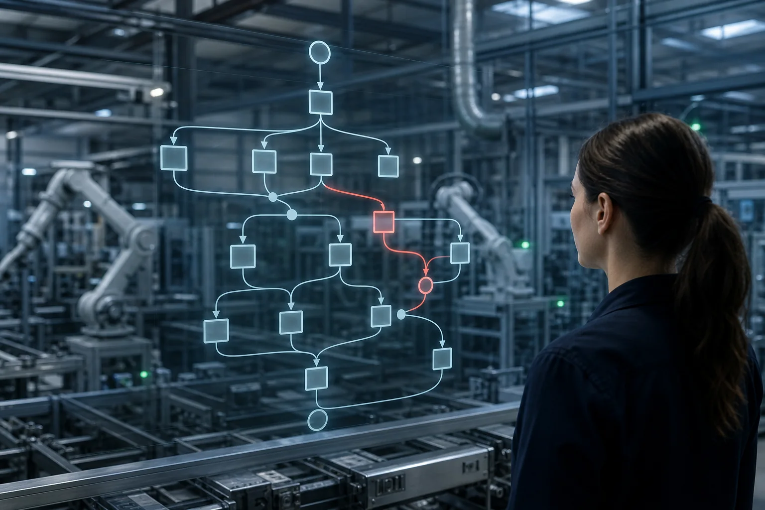 Produktionsanlage mit eingeblendetem Prozessgraphen und hervorgehobener Abweichung