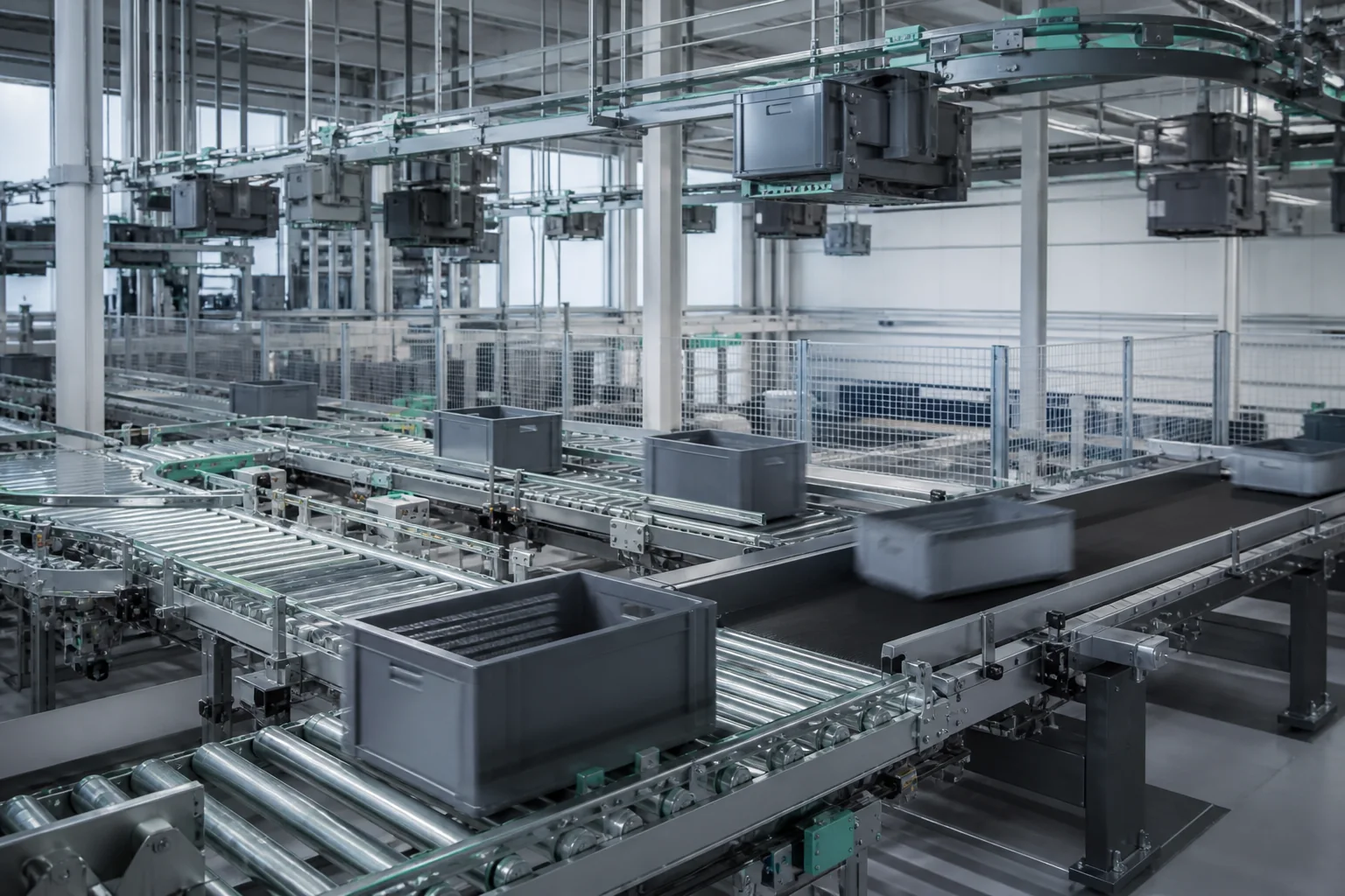 Verzweigtes System aus Rollen-, Gurt- und Hängefördertechnik mit grauen Behältern